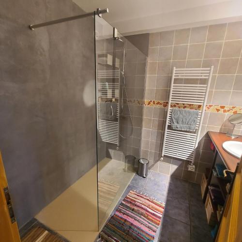 une douche avec une porte vitrée dans une salle de bain dans l'établissement Maison proche circuit 24h du Mans, à Louplande