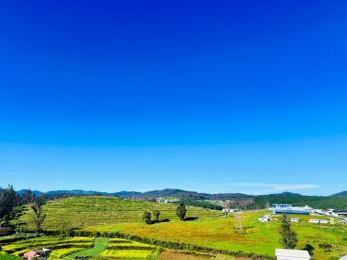 a view of a green hillside with a blue sky at Teyt Castle Ooty in Ooty