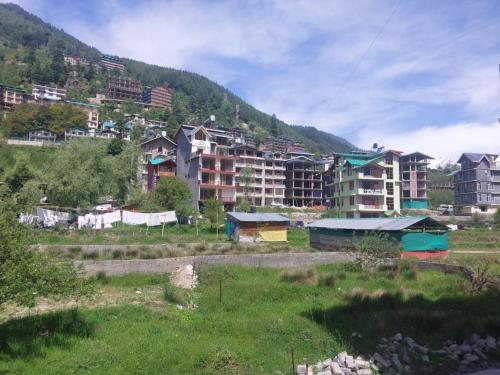 a group of buildings on a hill in a town at Hotel Premium Mareema Near Beas River - BEST HOTEL IN MANALI in Manāli