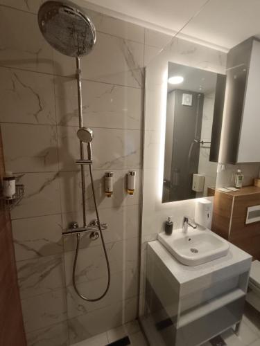 a bathroom with a shower and a sink at Apartmani Trg Zlatibor in Zlatibor
