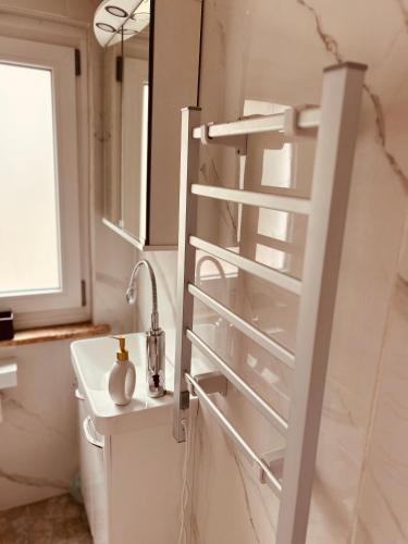 a bathroom with a sink and a white refrigerator at Ferienhaus Lavendel in Obergurig