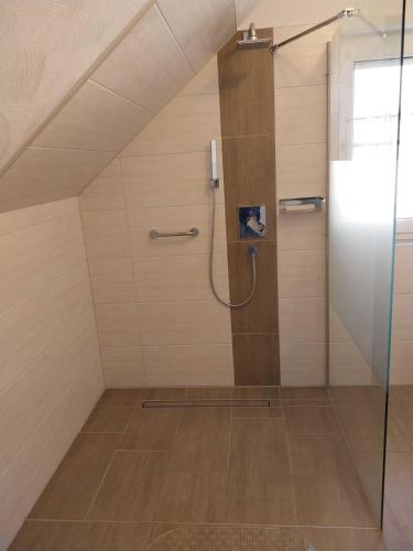 a bathroom with a shower with a glass door at Ferienwohnung Hartmann in Wernigerode