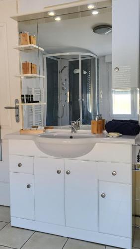 une salle de bain avec un lavabo et un grand miroir dans l'établissement Villa de vacances avec Piscine, Billard & Pétanque, à Saint-Georges-de-Didonne