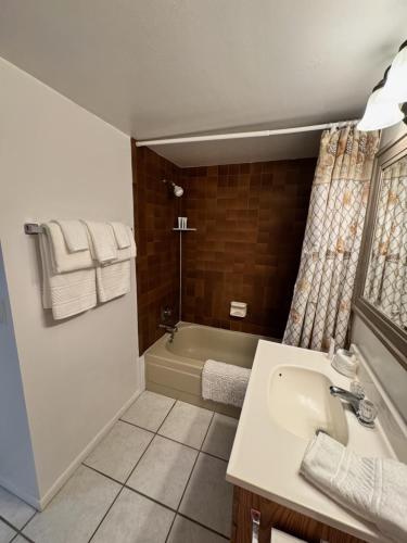a bathroom with a sink and a bath tub at Unit 109 -1br Apt Oceanfront Complex With Pool in Cocoa Beach