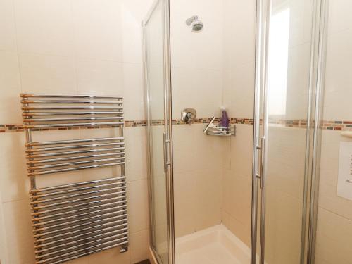 a shower with a glass door in a bathroom at Cúnna Bán in Derreen
