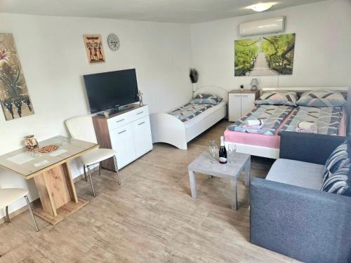 a living room with a couch and a bed and a tv at Apartments Karin in Bled