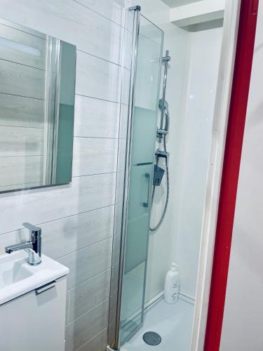 une salle de bain avec une douche en verre et un lavabo dans l'établissement Chambre indépendante, à Saint-Chély-dʼApcher