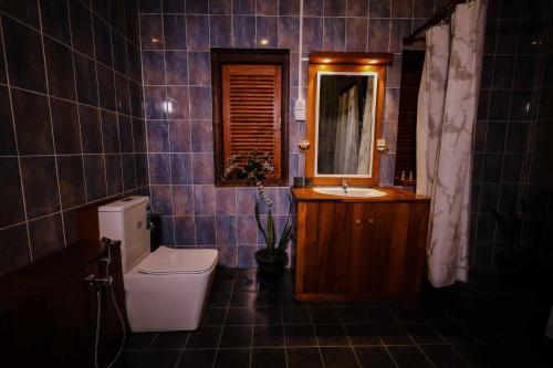 a bathroom with a toilet and a sink and a mirror at Kandahena Mansion in Akuressa