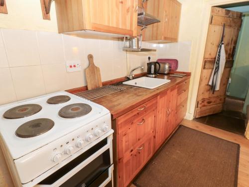a small kitchen with a stove and a sink at Sycamore Tree Farm in Outhgill