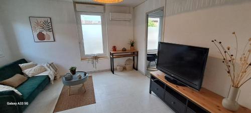 a living room with a green couch and a flat screen tv at Maison Calme au Centre du Village in Puisserguier