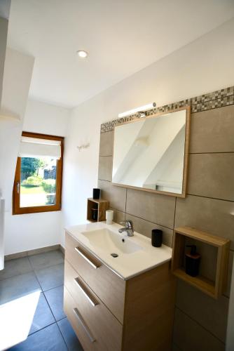 une salle de bain avec un lavabo et un miroir dans l'établissement Gîte de la ferme Cour Lecoq, à Pierrefitte-en-Auge