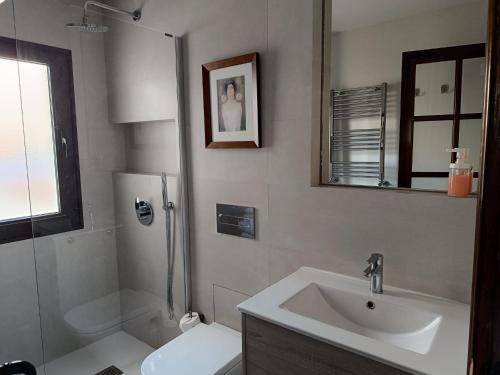 a bathroom with a sink and a toilet and a mirror at Apartamentos Turisticos La vida de antes in Consuegra