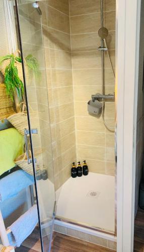 une douche avec une porte vitrée dans une salle de bain dans l'établissement Villa beldi, à Lacanau