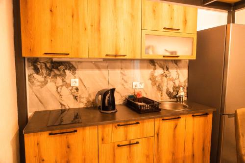 a kitchen with a sink and wooden cabinets at Bakery apartments in Perea