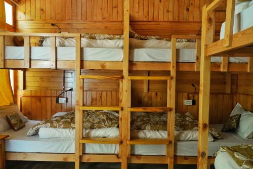a bedroom with bunk beds in a cabin at Ailyak Stays and Cafe, Shoja, Jibhi in Shoja