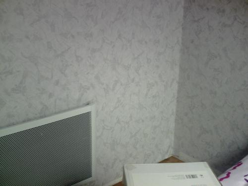 ルマンにあるシャンブル ドット リゲの白い壁の客室で、コンピュータモニターが備わります。