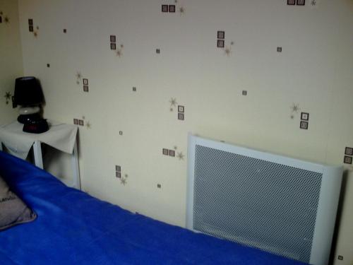 a bedroom with a bed and a wall with stickers at Chambres d'hôtes Riguet in Le Mans
