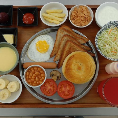 a plate of breakfast food with eggs beans and tomatoes at Lotus Korean Hotel in Bengaluru