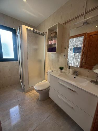 a bathroom with a toilet and a shower and a sink at Casa Velalatina in La Santa