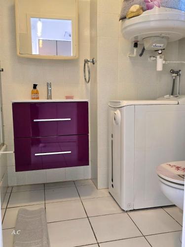 La salle de bains est pourvue d'une armoire violette et d'un lavabo. dans l'établissement Le Murier - Rez de jardin avec véranda, terrasse à 5min a pied de la mer avec parking - BY AURAconciergerie, aux Lecques
