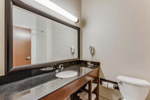 a bathroom with a sink and a toilet and a mirror at Comfort Suites Huntsville MidCity District at Research Park in Huntsville