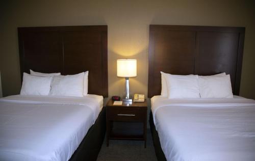 a hotel room with two beds and a lamp on a night stand at Ardmore Inn & Suites Ardmore in Ardmore