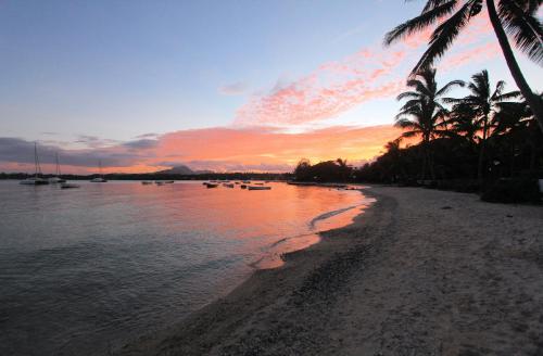 a sunset on a beach with palm trees and water at Blue Ocean Suites & Apartments in Trou dʼ Eau Douce