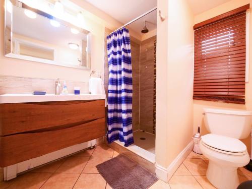 a bathroom with a toilet and a shower at Stylish 3 bed, minutes to NYC! in Jersey City