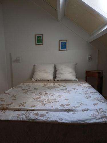 une chambre avec un grand lit avec deux oreillers dans l'établissement Charmant triplex avec jardin, proche des plages, à Lège-Cap-Ferret