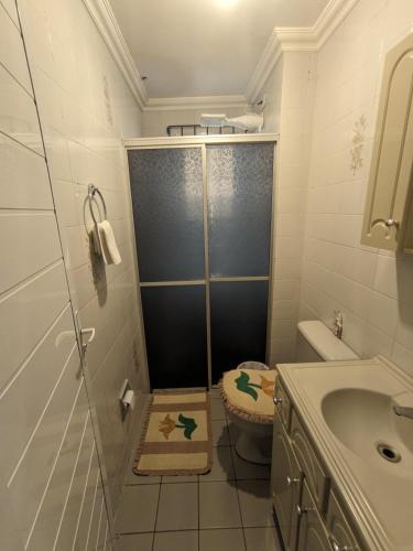 a bathroom with a shower and a toilet and a sink at Quarto em Apto no Centro de Cachoeirinha in Cachoeirinha