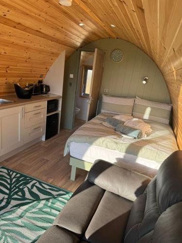 a bedroom with a large bed and a kitchen at Killee Luxury pod and private hot tub in Coa