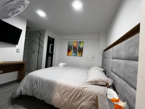 a bedroom with a large white bed and a television at Apartamento Moderno, Comodo, Cerca al Aeropuerto in Pereira