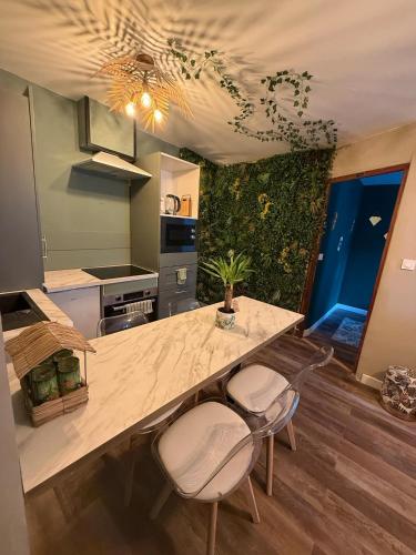 une cuisine avec un comptoir avec deux tabourets et une table dans l'établissement Le Jungle, à Lourdes