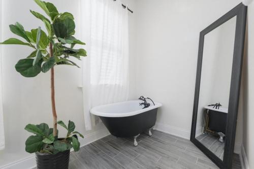 a bathroom with a tub and a mirror and a plant at Stunning 2 Bedroom Apt in Historic Springfield in Jacksonville