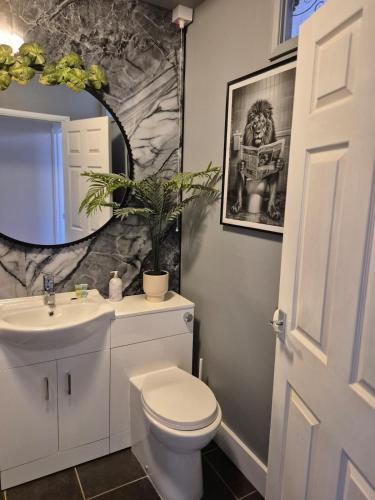 a bathroom with a white toilet and a sink at City Centre Sanctuary with parking space in Worcester