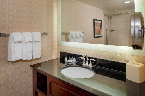 a bathroom with a sink and a mirror at Crowne Plaza Hotel St. Louis Airport by IHG in Bridgeton