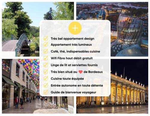 un collage de photos d'une ville avec un panneau dans l'établissement Designer & Bright Apartment on Rue Sainte-Catherine, à Bordeaux