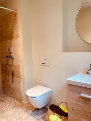 une salle de bain avec une douche, des toilettes et un lavabo dans l'établissement Chambre Cosy dans villa de standing avec piscine, à Porto-Vecchio
