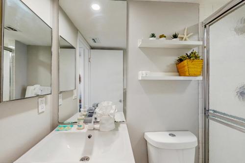 a bathroom with a sink and a toilet and a mirror at Daytona Beach Soaring in Daytona Beach Shores