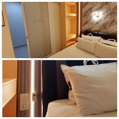 two pictures of a room with a bed and a mirror at Golden Kinabalu in Kota Kinabalu