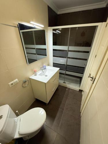 a bathroom with a toilet and a sink and a mirror at Apartamento ROMA in Torre del Mar