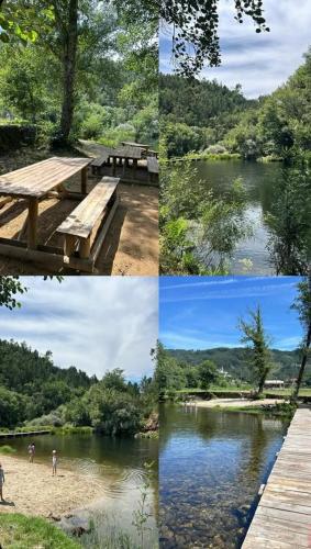 four different views of a river and a bridge at Casa bela paisagem in Castro Daire