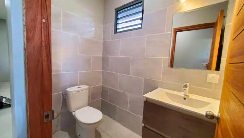 a bathroom with a toilet and a sink and a mirror at TAHITI ITI - Fare Vaiavaro in Teahupoo