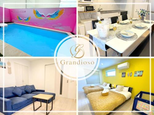 a collage of photos of a living room and dining room at Grandioso Onna 7-D - Vacation STAY 45335v in Atsutabaru