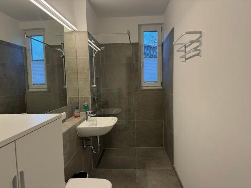 a bathroom with a sink and a toilet and a shower at 1-bedroom apartment in Hangelsberg