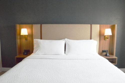 a large bed with two white pillows and two lamps at Holiday Inn & Suites Winnipeg Downtown by IHG in Winnipeg