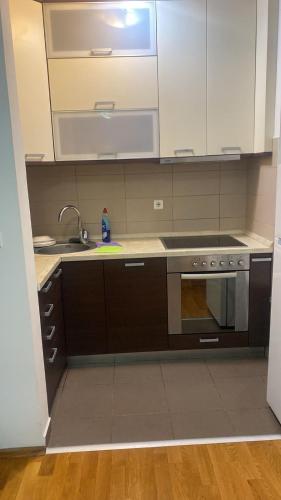 D apartman في بودغوريتسا: مطبخ مع حوض وموقد