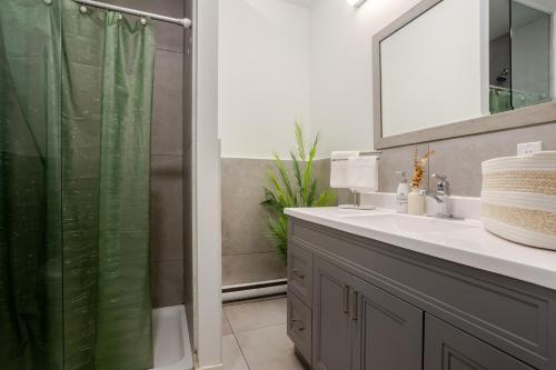 a bathroom with a green shower curtain and a sink at Snug Studio on Bishop DT MTL in Montréal
