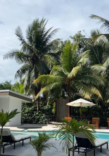 a resort with a pool and palm trees and chairs at Villa del Mar Hotel Boutique in Cahuita