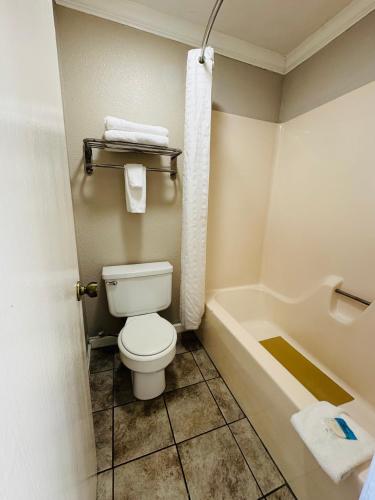 a bathroom with a toilet and a bath tub at Oak Grove Inn in Branson